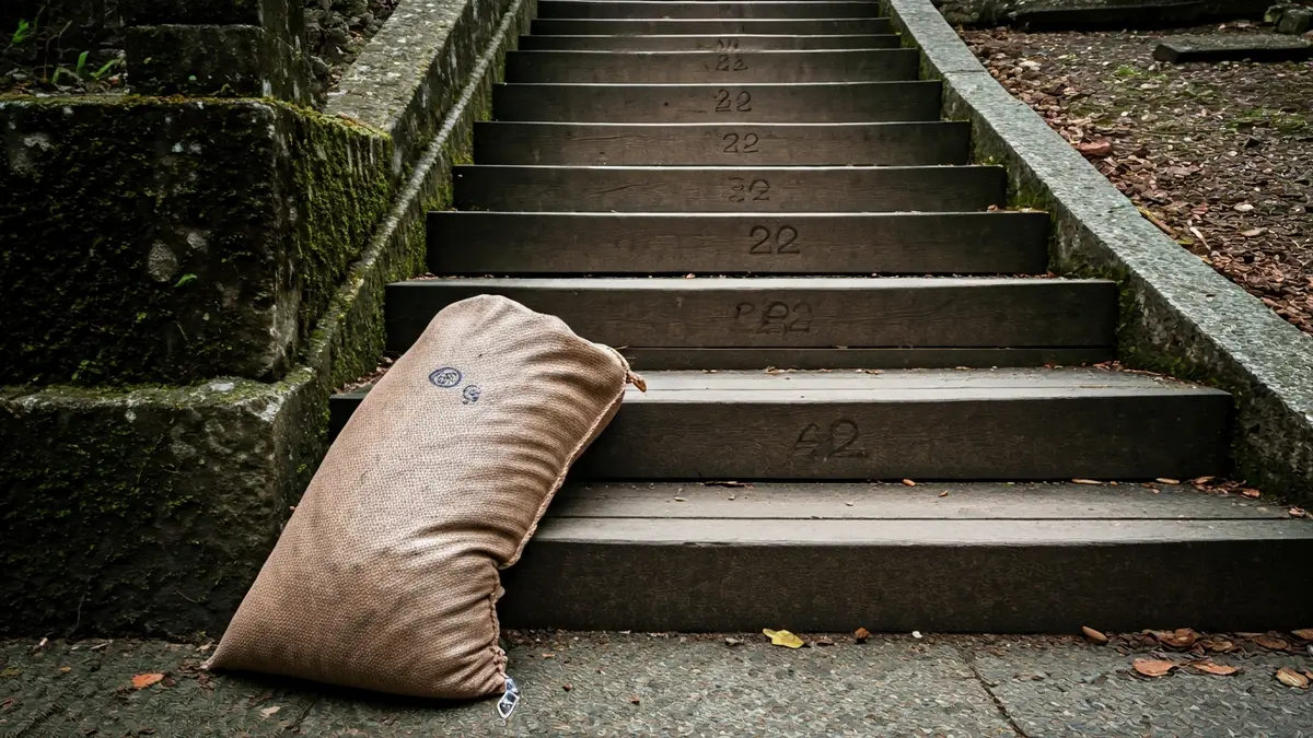 Generic image of a 45-kilogram cylindrical sack on the ground next to a 22-step wooden staircase, in a dimly lit, old-fashioned setting, evoking a sense of physical challenge and historical context, in a Euskadi cemetery.