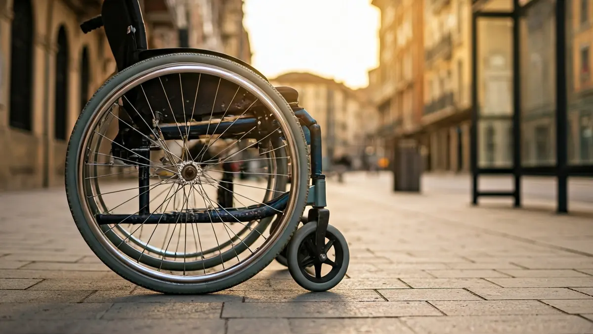 Una rueda de silla de ruedas en una acera de Bilbao, con un paisaje urbano difuminado al fondo, representando los desafíos de accesibilidad.