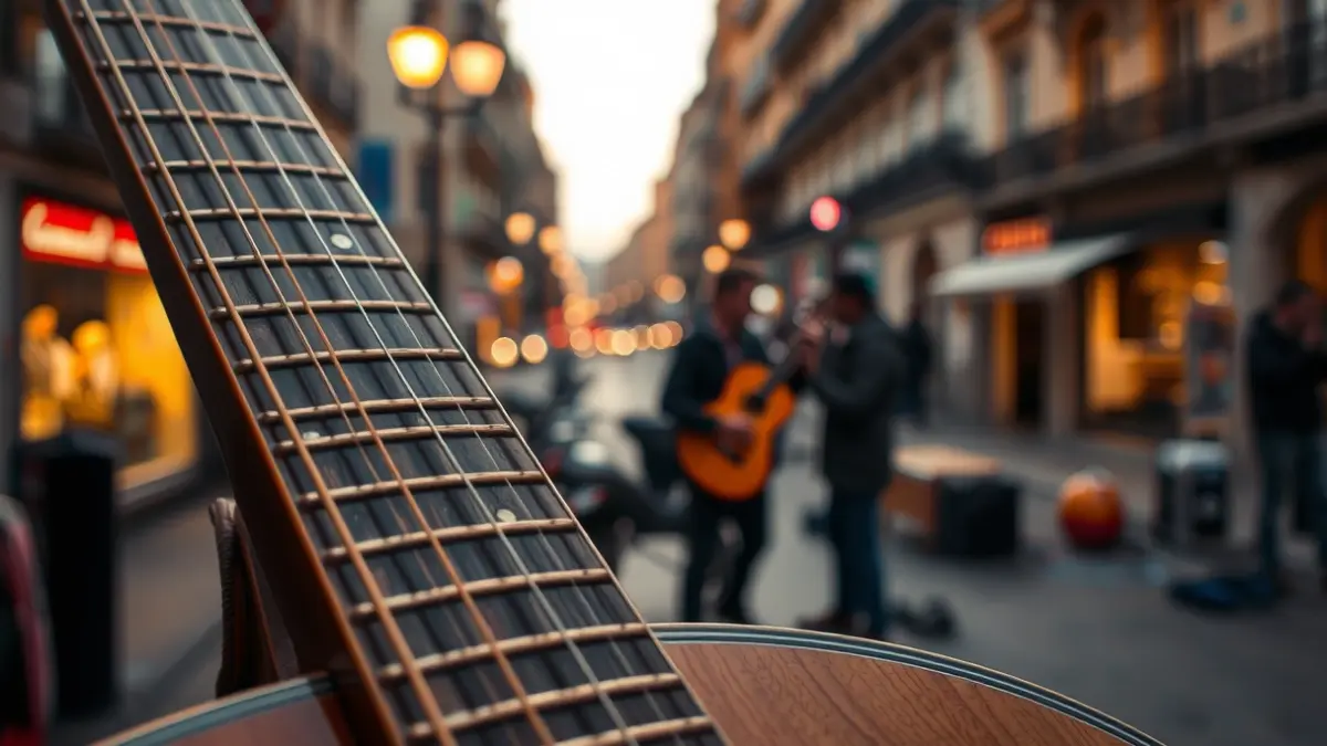 Generic image of a guitar neck and strings, with blurred street performers in an urban Bilbao background.