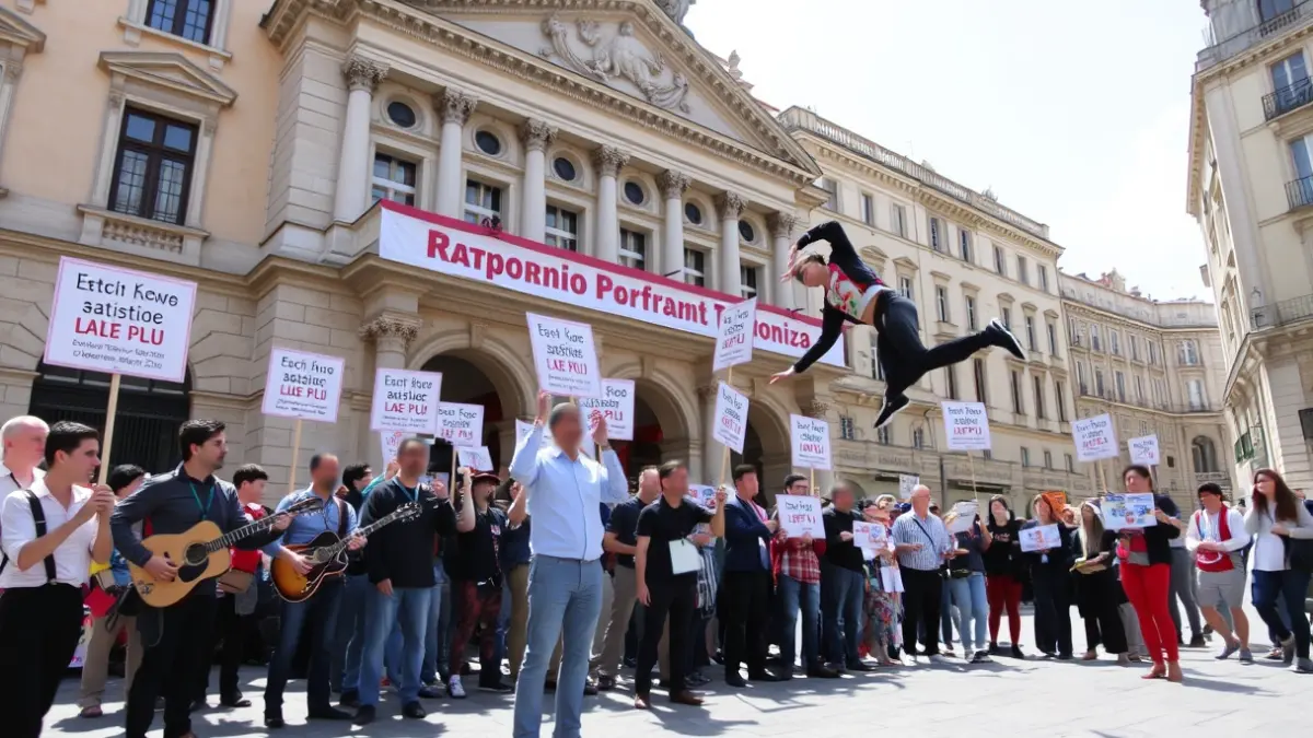 Bilboko kale-artistak manifestatzen, atzean Arriaga Antzokia dutela.