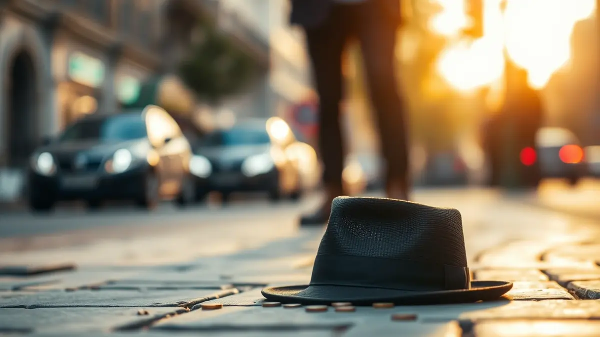 Irudi generikoa: kaleko artistaren txapela lurrean, atzealdean hiri-kale lausoa duela.