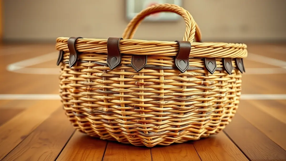 Imagen genérica de una cesta de cesta punta, hecha de mimbre y cuero, sobre una cancha de madera.