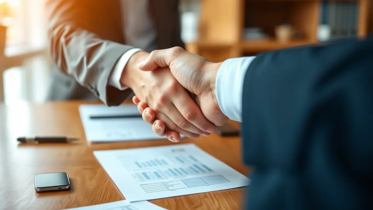 Generic image of two hands shaking over a desk, representing business training and collaboration.