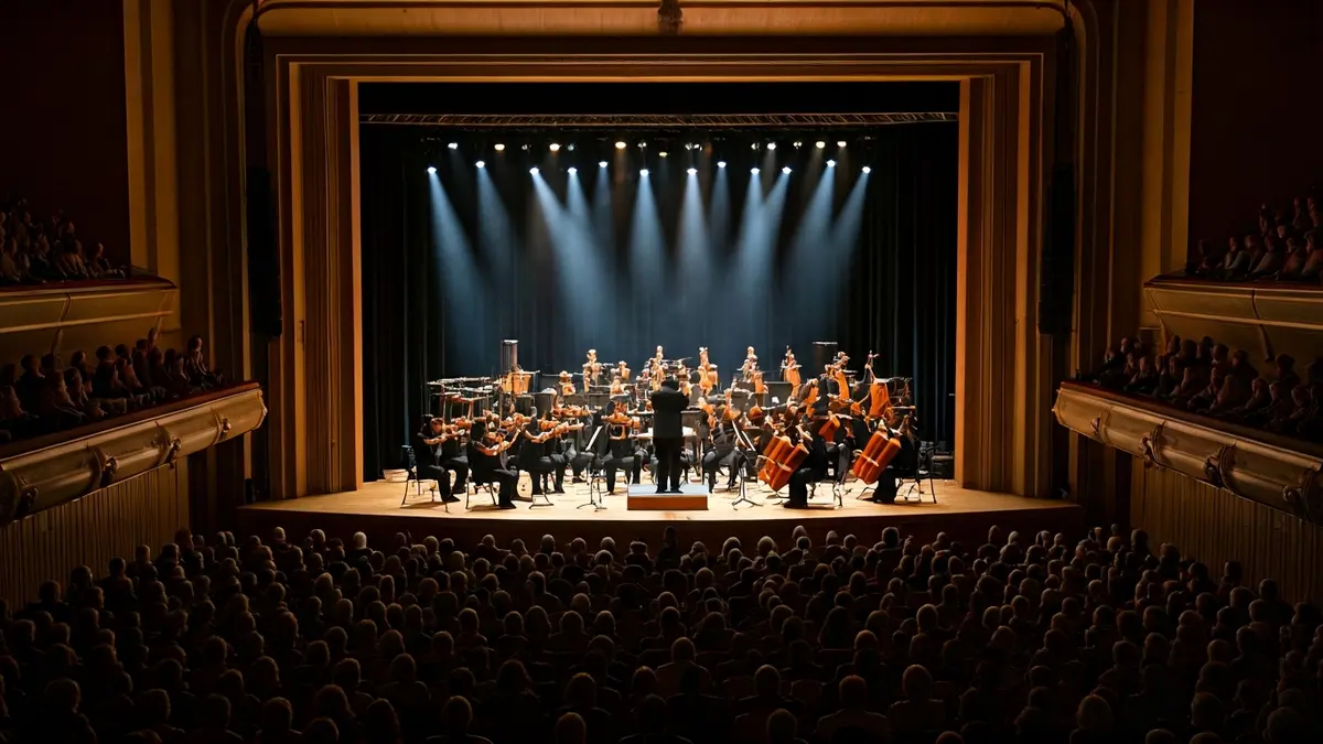 Bilboko Orkestra Sinfonikoa agertokian jotzen, argiak musikariak argiztatzen.