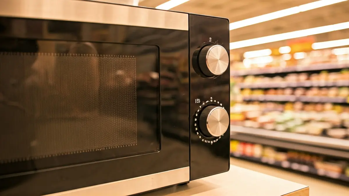 Irudi generikoa supermerkatu bateko mikrouhin-labe baten barruan, atzealdean prestatutako janari apalategiak lausotuta.