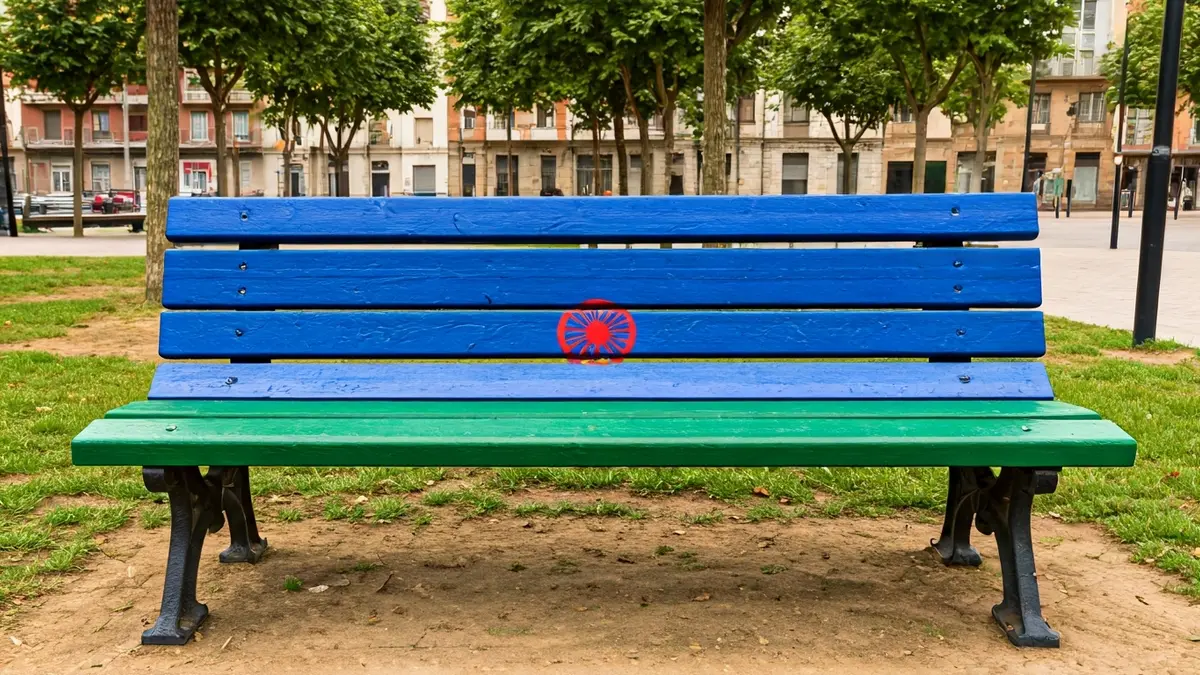 A newly inaugurated urban bench in Bilbao's Otxarkoaga neighborhood, painted with the colors of the Romani flag.