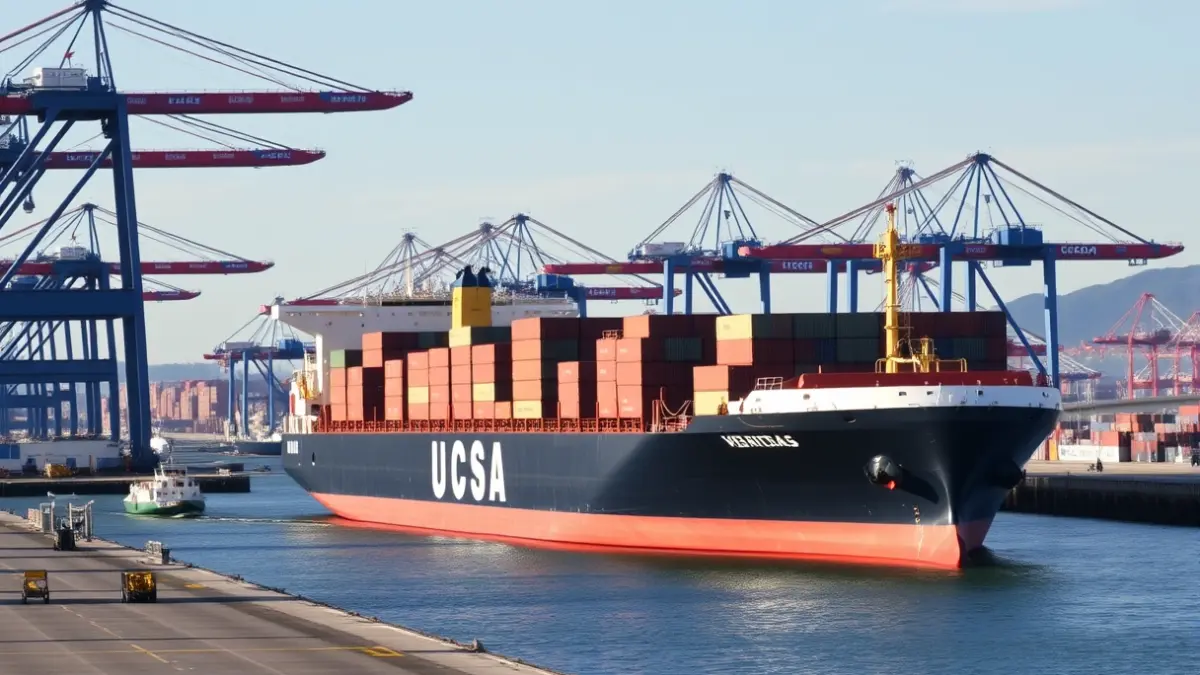 A cargo ship at the Port of Bilbao, with cranes and containers in the background.