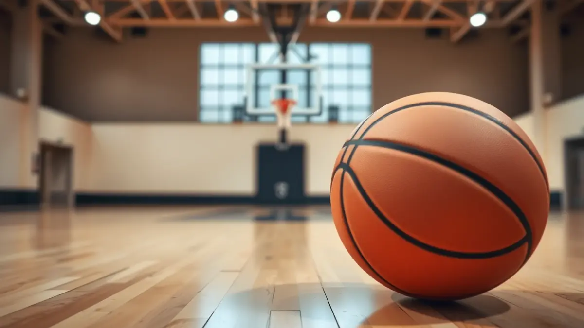Imagen genérica de un balón de baloncesto sobre una cancha pulida, con el aro desenfocado al fondo.