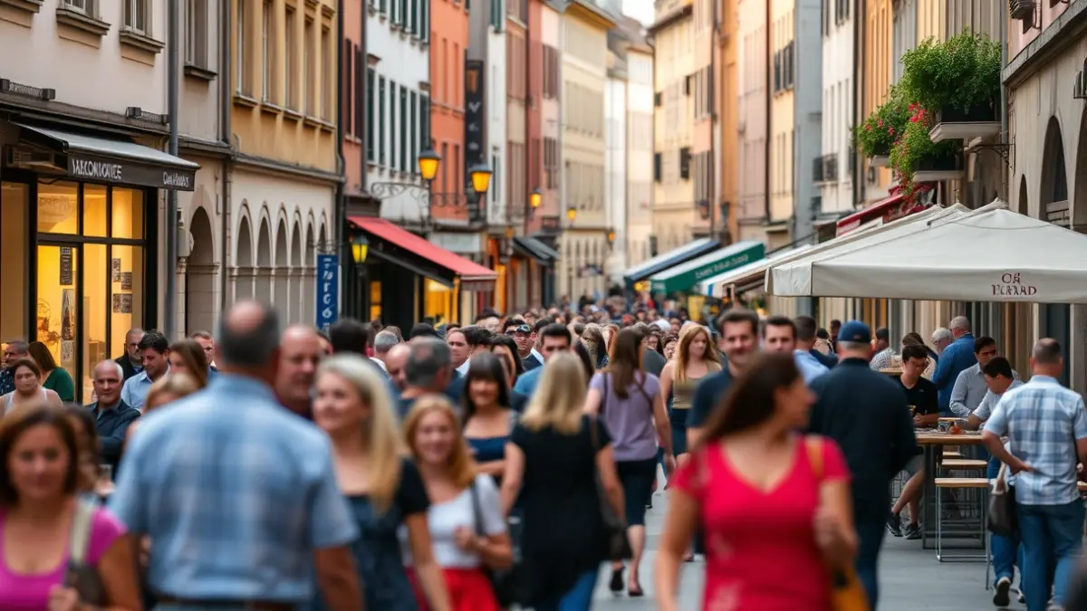 Generic image of a busy street in Bilbao, with terraces and outdoor business areas.