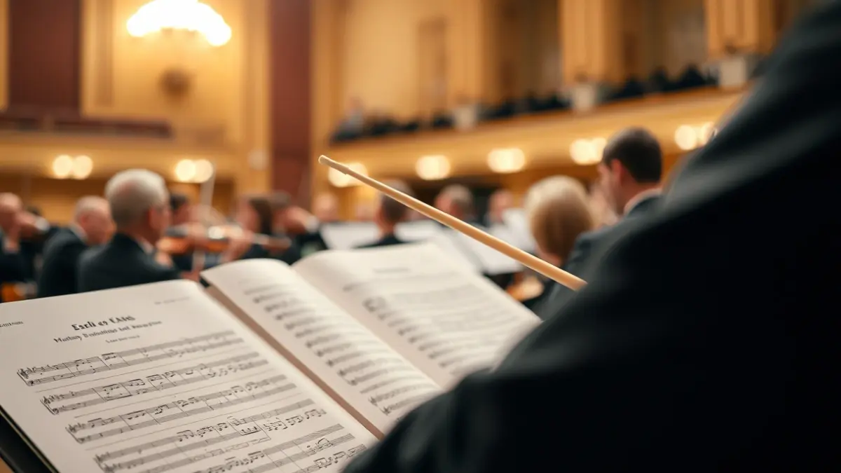 Batuta de director de orquesta sobre un atril con partituras, en un ambiente de sala de conciertos.