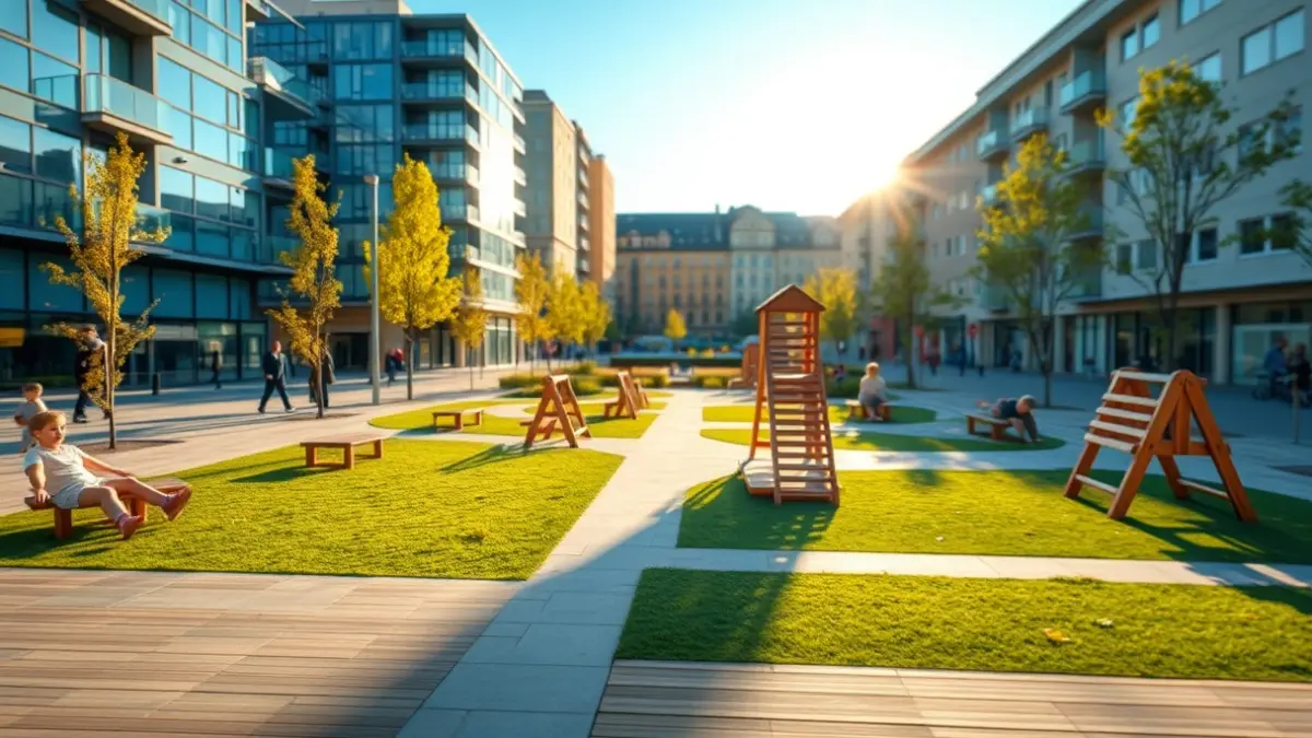 Generic image of the Kirikiño square renovation project in Bilbao, with green areas and play zones.