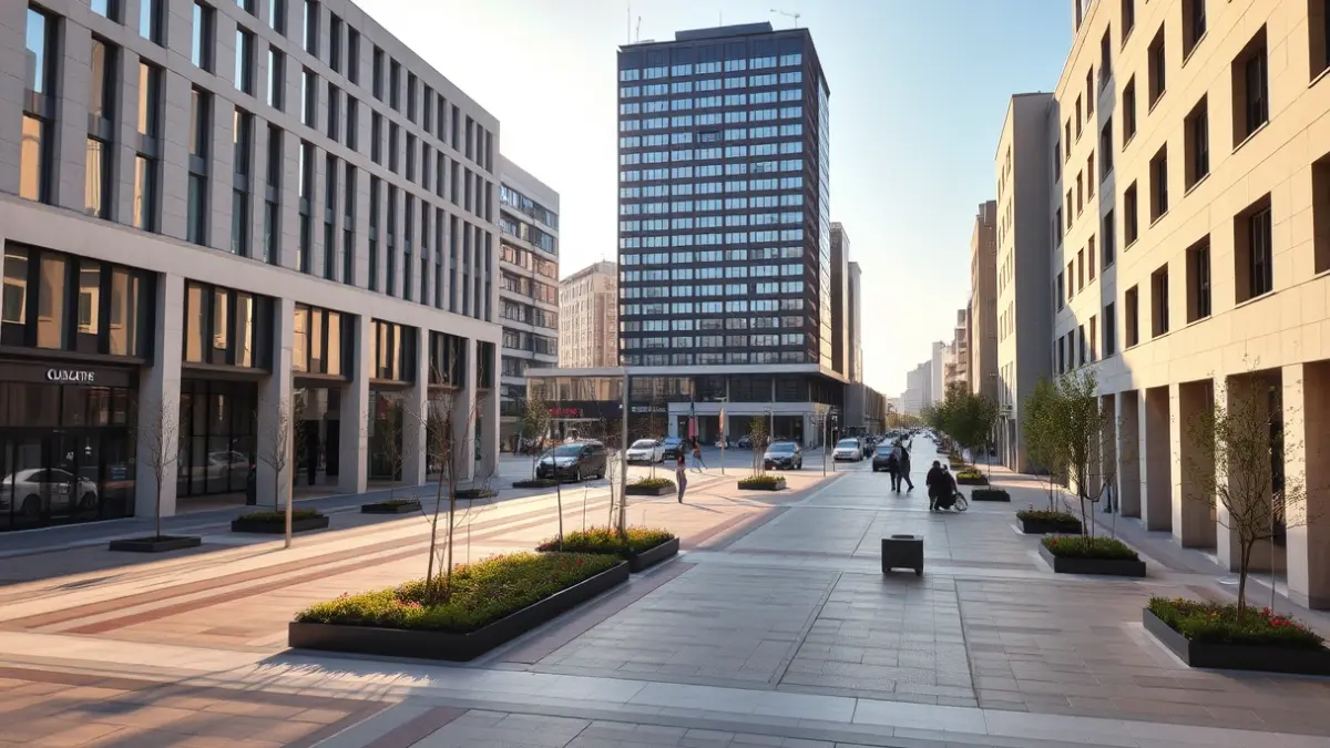 Irudi generikoa hiri-plaza moderno batekoa, bidegorriekin eta paisaia-diseinuarekin.