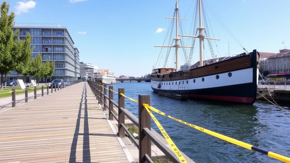 Closed wooden walkway next to the gabarra at Bilbao's Itsasmuseum.
