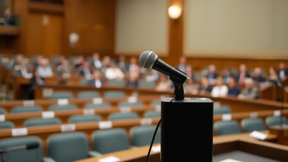 Imagen genérica de un micrófono en una sala municipal, representando un debate político.