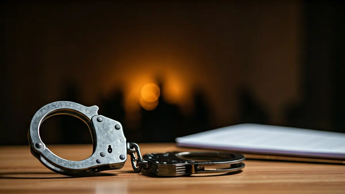 Generic image of handcuffs on a table, representing justice and law.