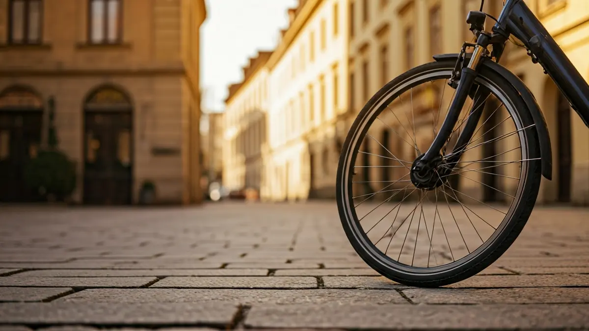 Bizikleta elektrikoaren gurpilaren irudi generikoa, Bilboko kale batean aparkatuta, mugikortasun iraunkorra irudikatuz.