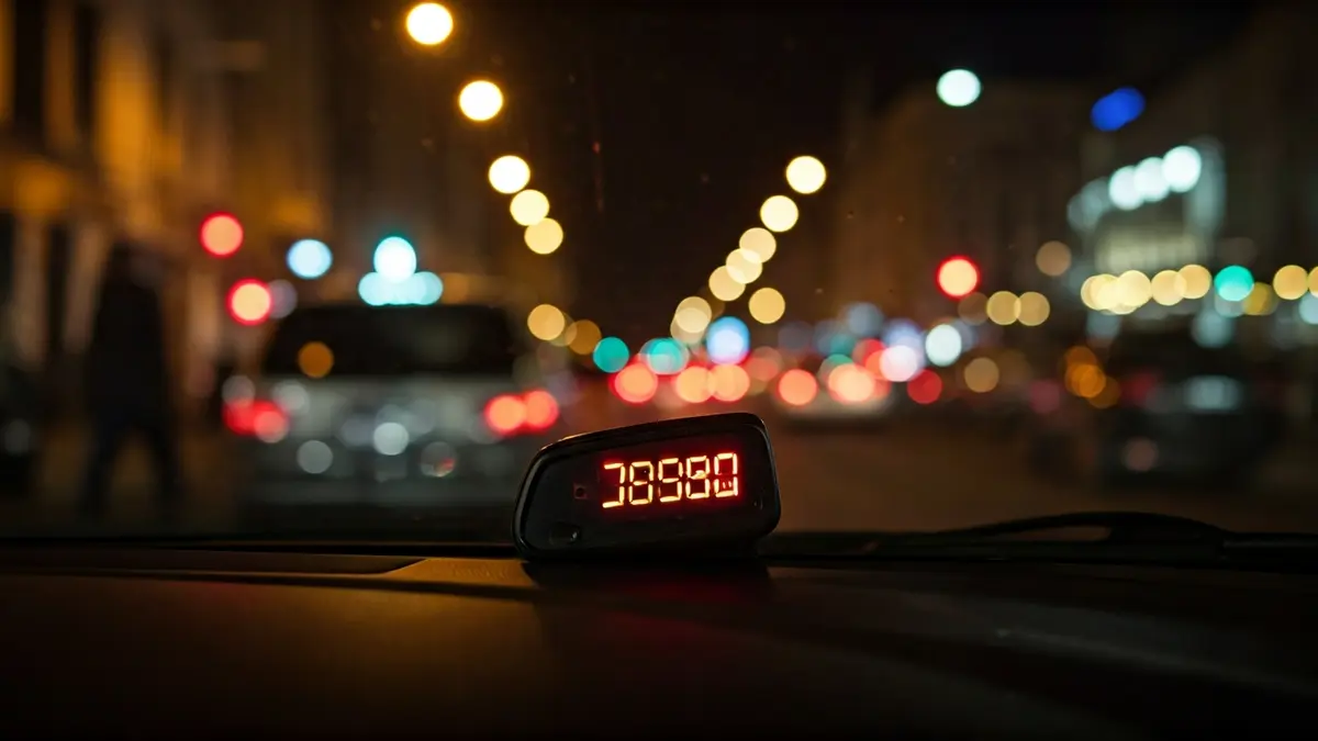Imagen genérica de la pantalla de un taxímetro con luces de ciudad borrosas de fondo por la noche.