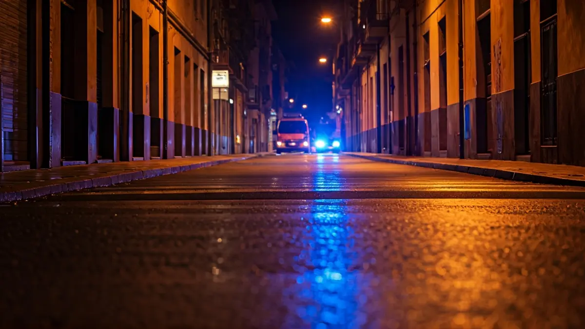 Generic image: Emergency lights reflecting on wet asphalt at night, in a narrow street of a Basque city.