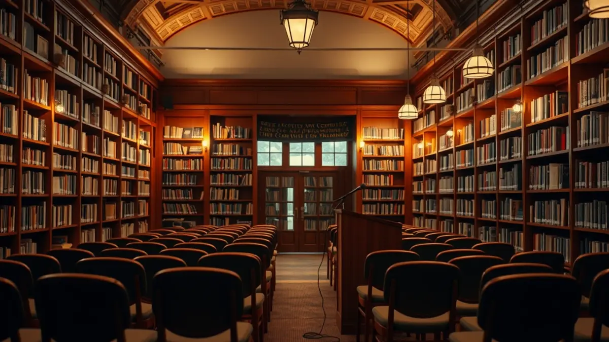 Irudi generikoa liburutegi baten barrualdekoa, mikrofono batekin eta aulki hutsekin.