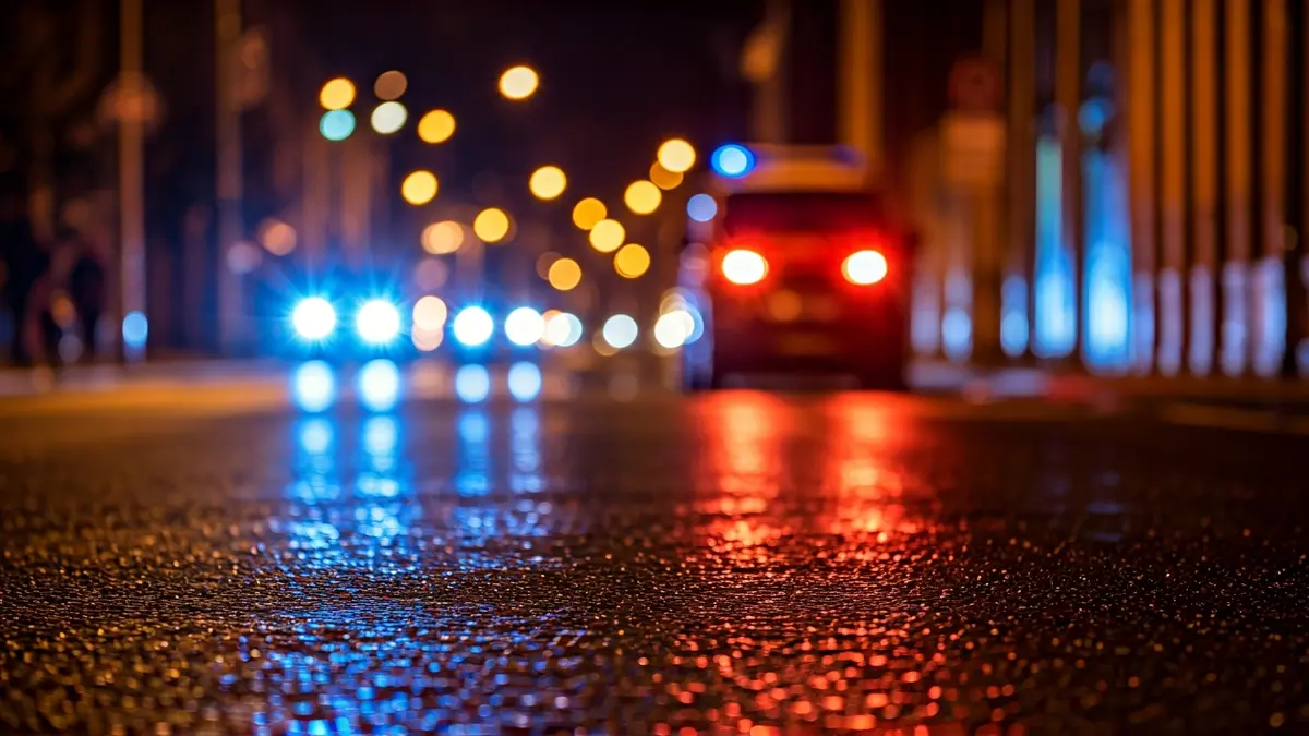 Generic image of emergency lights reflecting on wet asphalt at night, no vehicles visible.