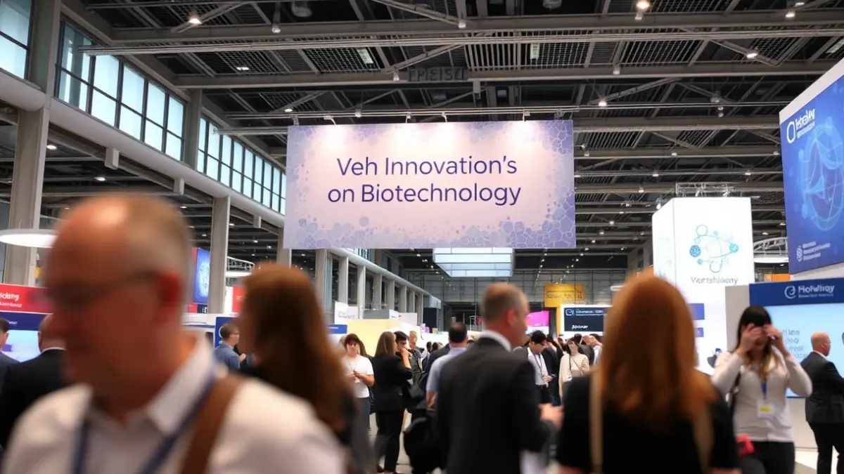 Irudi generikoa: erakusketa-zentro moderno baten barrualdea, bioteknologiaren berrikuntza eta lankidetza sinbolizatzen duena.