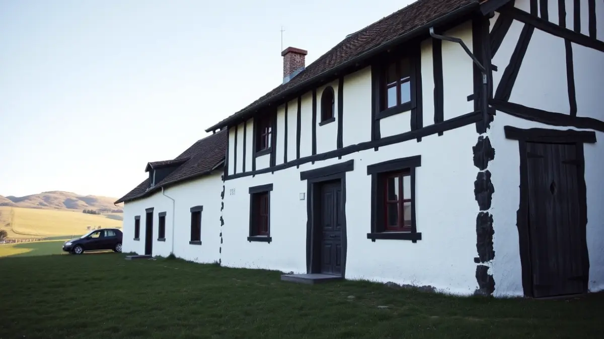 Generic image of a Basque farmhouse, located in a rural landscape of Euskadi, under the sun.