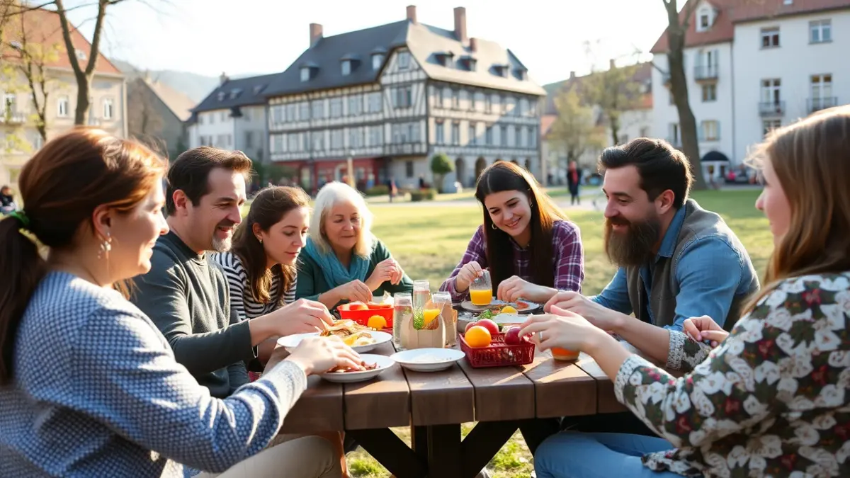 Irudi generikoa, jendea elkarrekin bazkaltzen parke batean, komunitatea sustatuz.