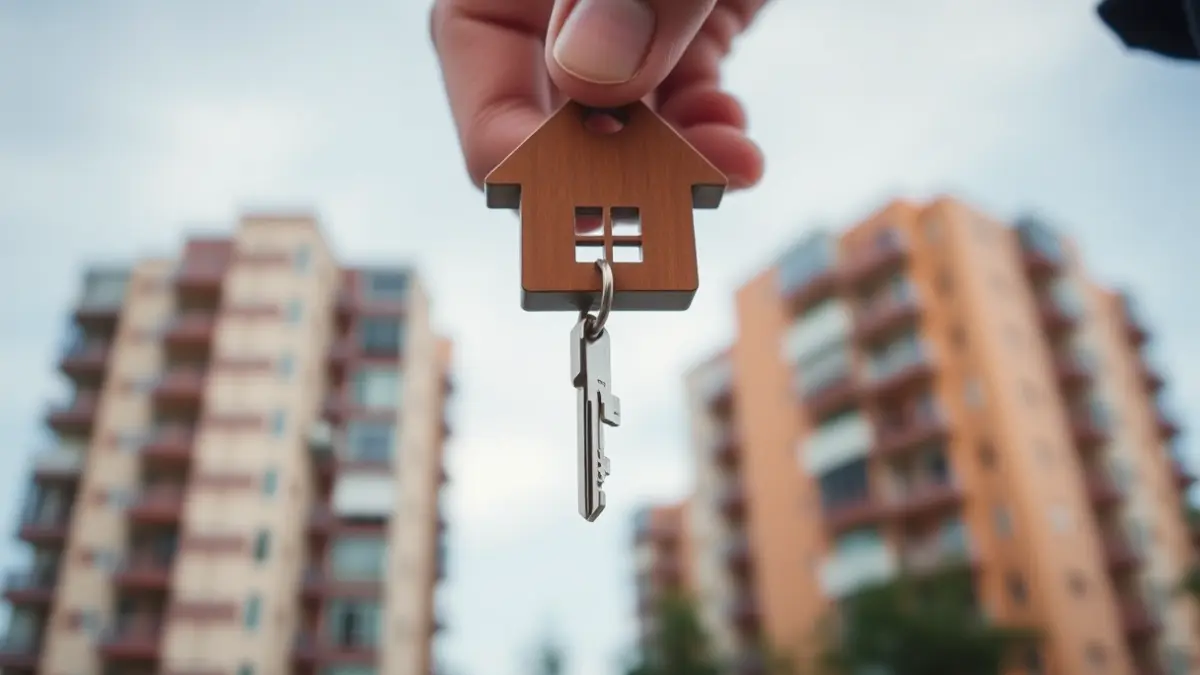 Irudi generikoa: Eskua etxebizitza giltza batekin, atzealdean eraikinak lausotuta.