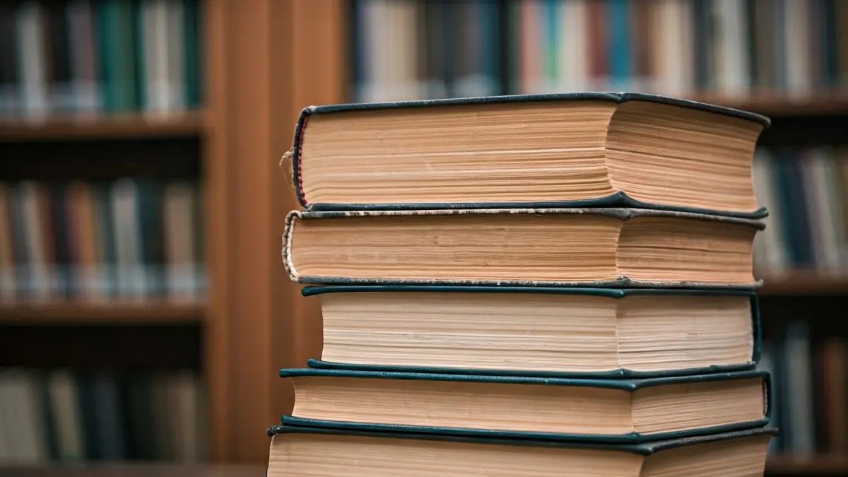 Imagen genérica de una pila de libros antiguos con luz cálida en una biblioteca.