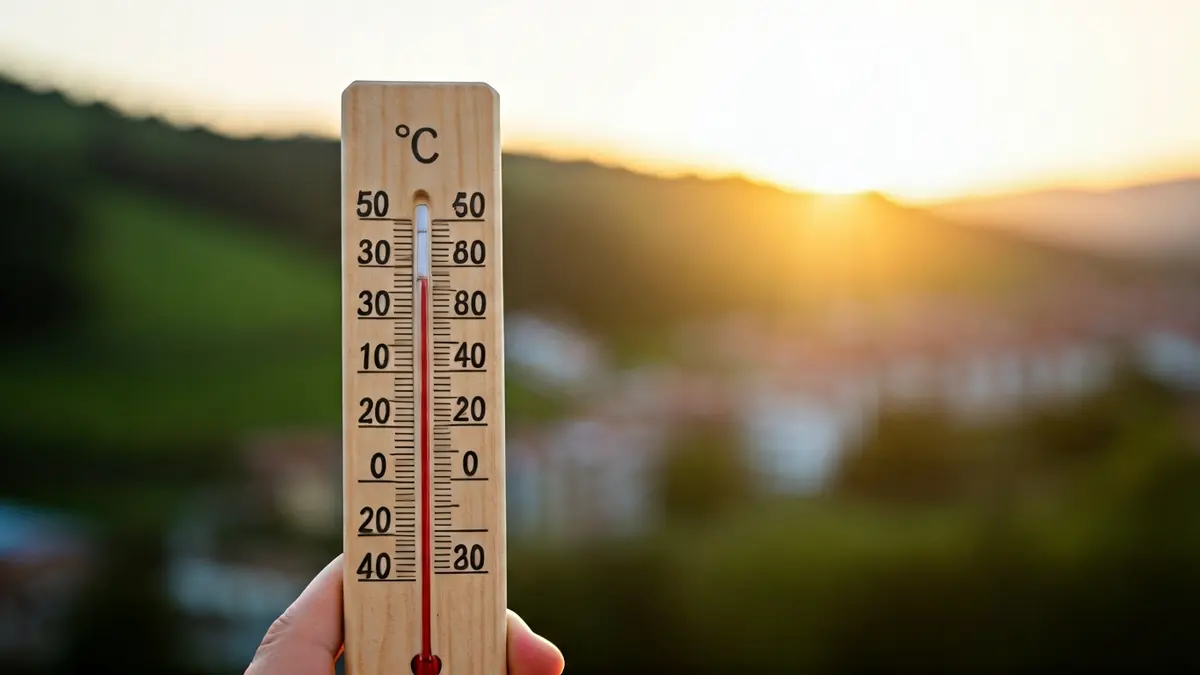 Imagen genérica de un termómetro con una lectura de alta temperatura, con un fondo borroso de un paisaje soleado de Euskadi.