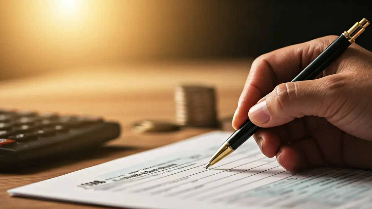 Irudi generikoa zerga-aitorpen bat betetzen ari den esku baten, kalkulagailu eta txanpon batzuekin atzealdean.