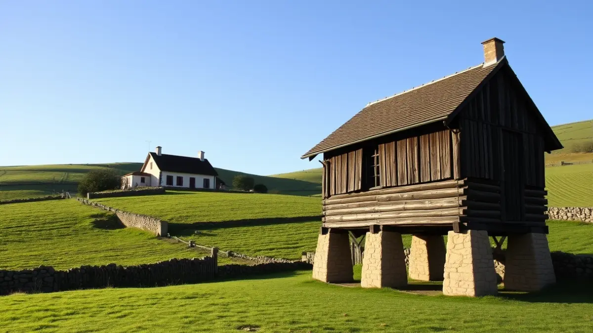 Imagen del hórreo de Ertzile en Bizkaia, de madera y sobre pilares de piedra.