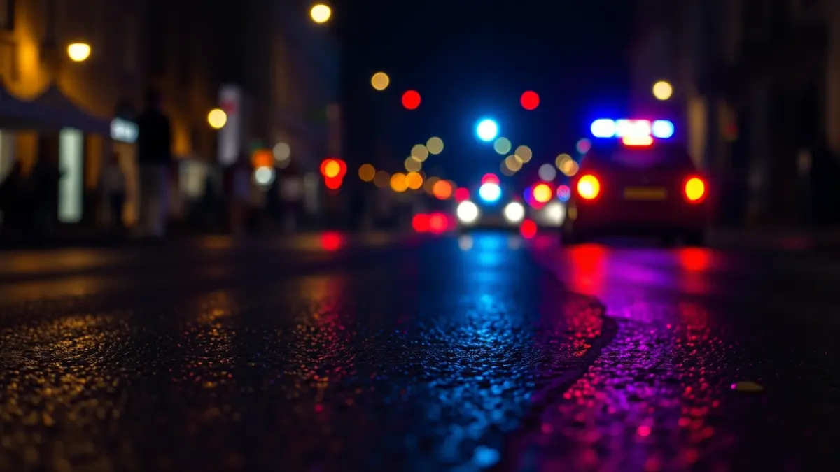 Irudi generikoa euriak bustitako asfaltoan islatzen diren larrialdi-argiena, gauez.