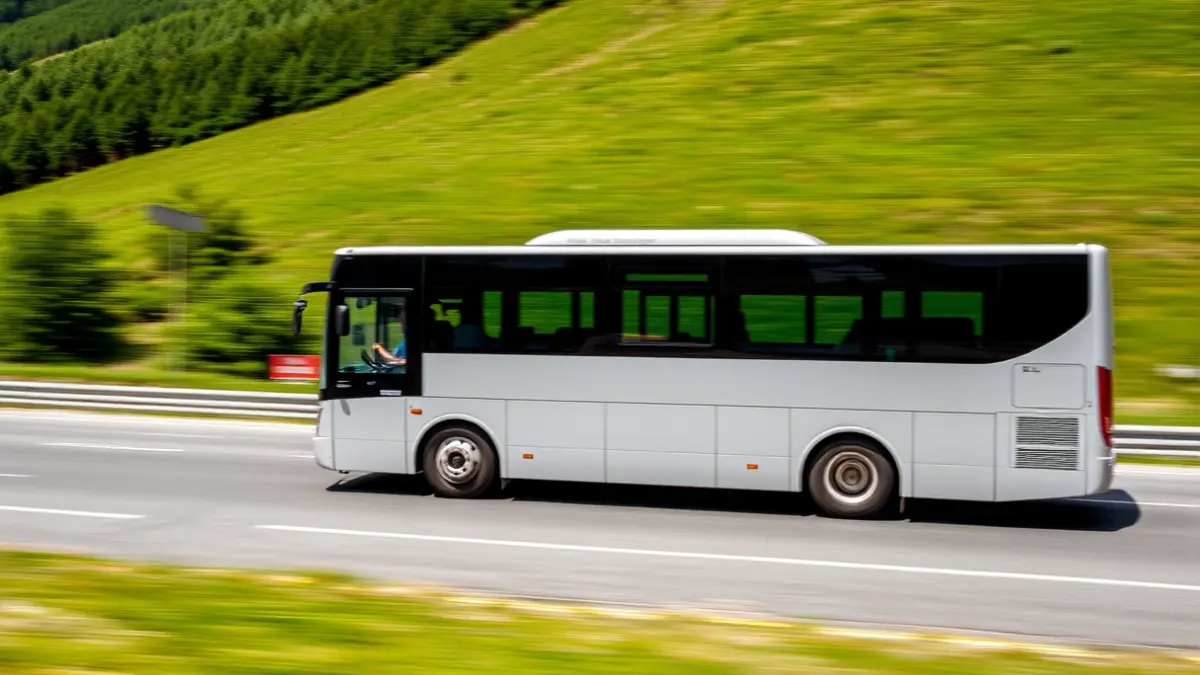 Generic image of a modern Bizkaibus bus on a road, in a green Euskadi landscape.