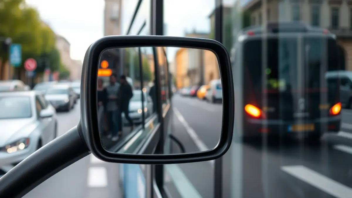 Generic image of a Bizkaibus side mirror, reflecting pedestrians and vehicles, emphasizing safety and visibility.