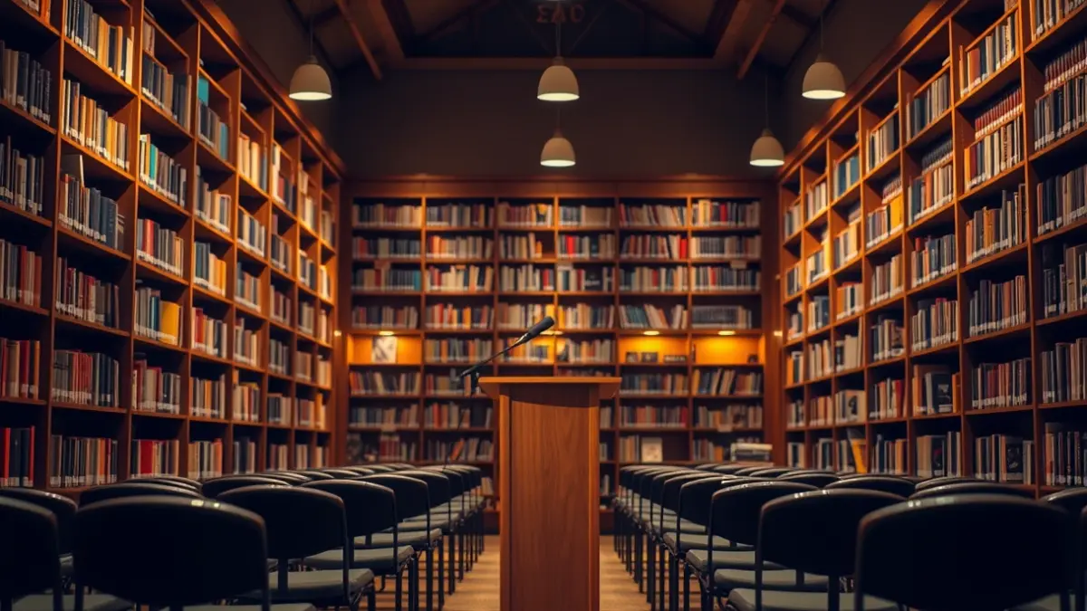 Generic image of a library interior with wooden bookshelves and a microphone.