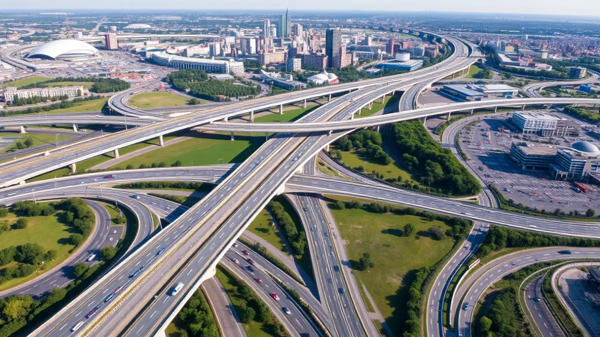 Irudi generikoa hiri baten sarrera konplexu batena, errepideak eta zubiak ikusten direla.