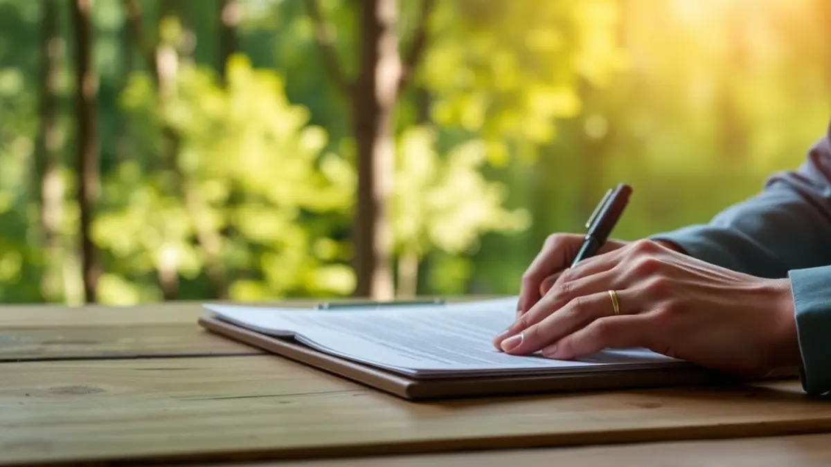 Generic image of hands signing a document in front of a forest, symbolizing environmental legislation.