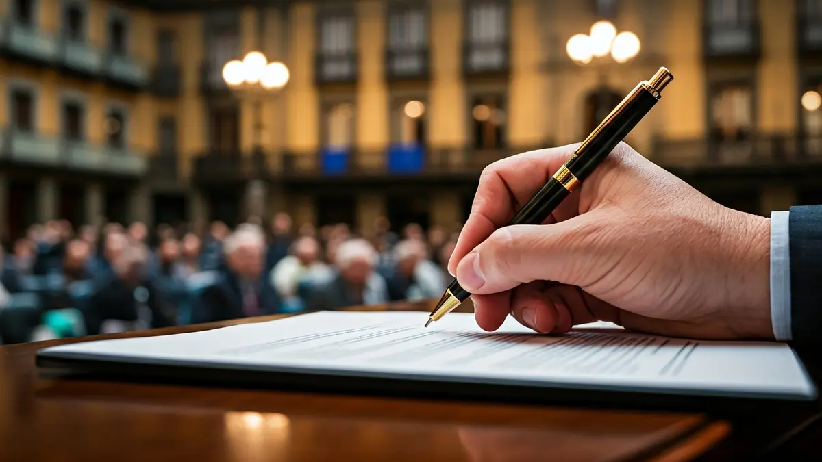 Irudi generikoa, dokumentu bat sinatzen duen esku bat erakusten duena, Bizkaiko Foru Arauaren eztabaida sinbolizatuz.