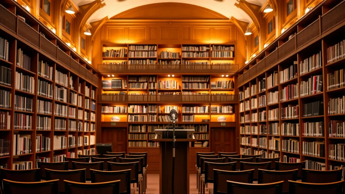 Generic image of a library interior with wooden bookshelves and a microphone.