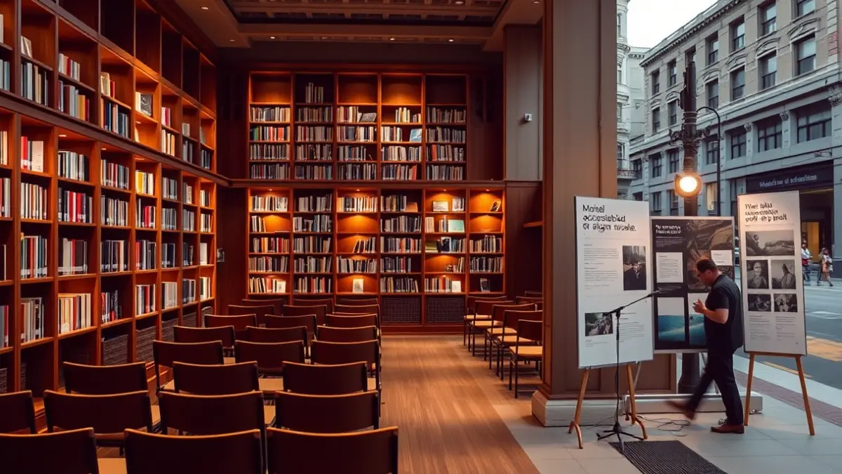 Interior of the Foral Library of Bizkaia and an exhibition panel on Gran Vía in Bilbao.