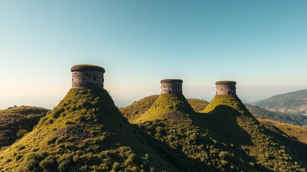 Bizkaiko mendi berde batean kokatutako kaltzina-labe industrial zaharrak, dorre edo sumendi itxurakoak, landaredi ugariz estaliak.