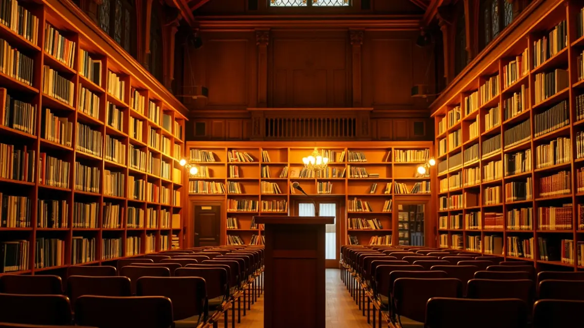 Imagen genérica de una biblioteca con un micrófono y sillas vacías, en un ambiente de lectura acogedor.