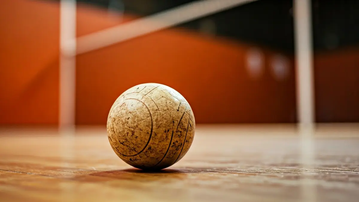 Imagen genérica de una pelota de trinquet sobre el suelo de madera.