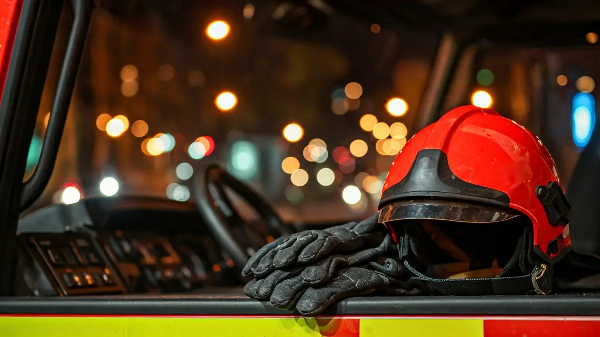 Casco y guantes de bombero, con luces de emergencia borrosas al fondo.