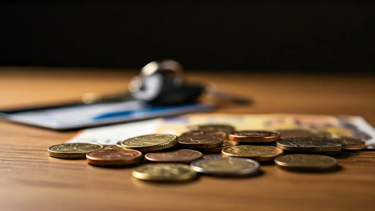 Imagen genérica de monedas y billetes de euro sobre una mesa de madera, con una tarjeta de hotel difuminada al fondo, representando la tasa turística.