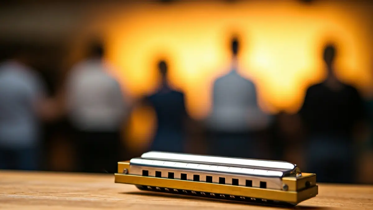 Generic image of a close-up of a harmonica on a wooden table, with blurred musical instruments in the background.