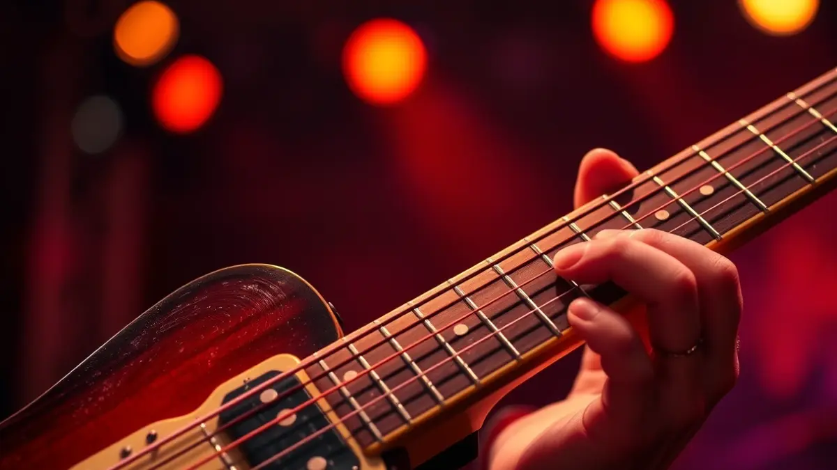 Generic image of a close-up of a guitar fretboard at a blues-rock concert.