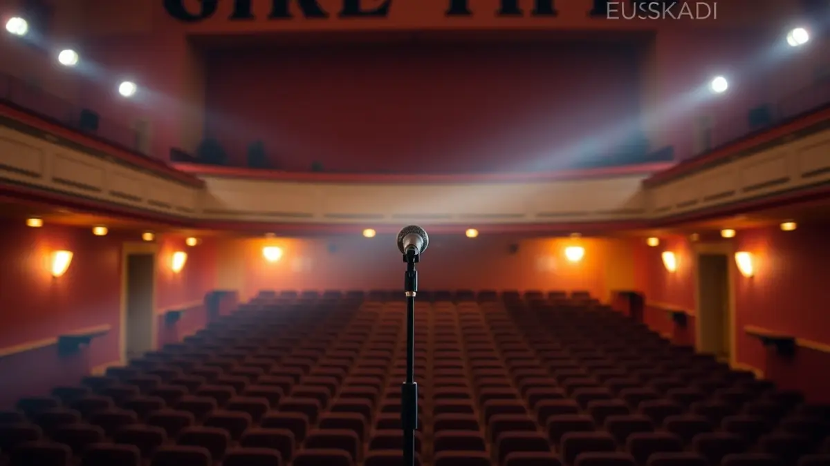 Irudi generikoa: Mikrofono bat agertoki huts batean, antzokiko eserlekuak atzealdean.