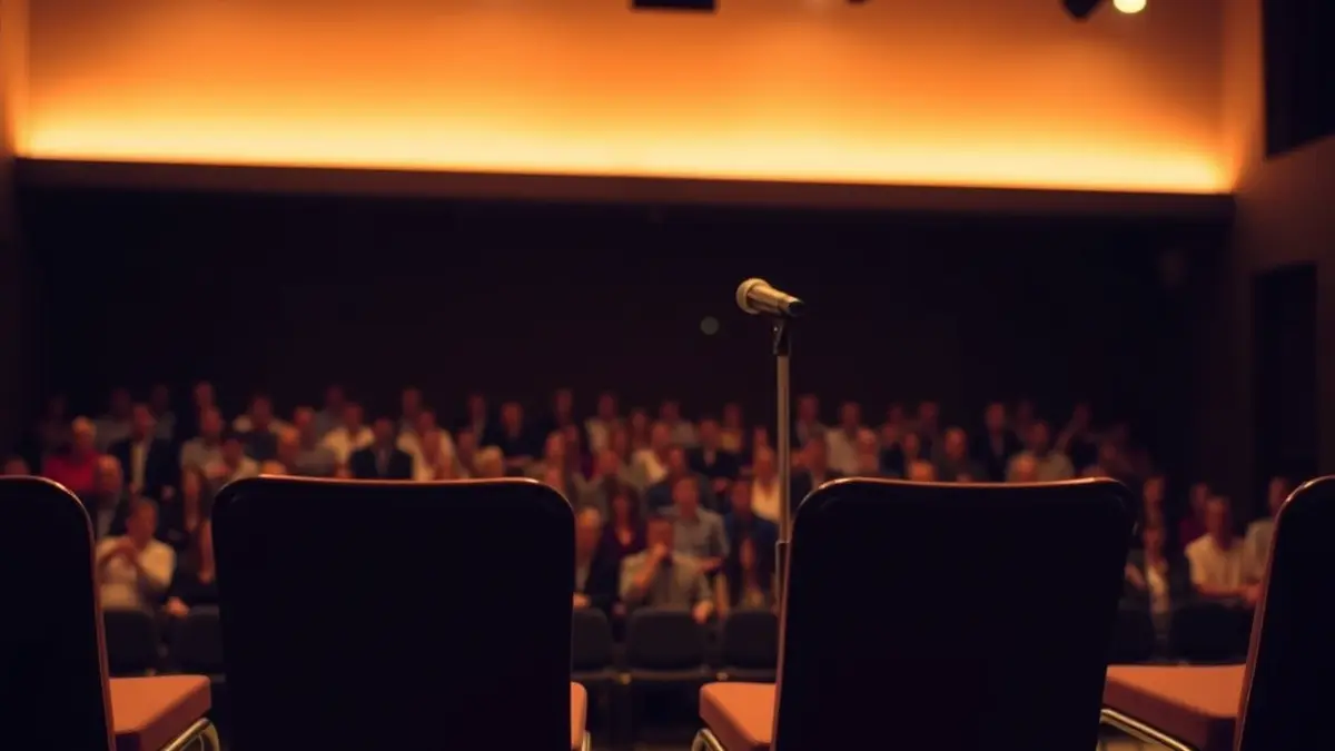 Generic image of a theatrical stage with a microphone, warm lighting.